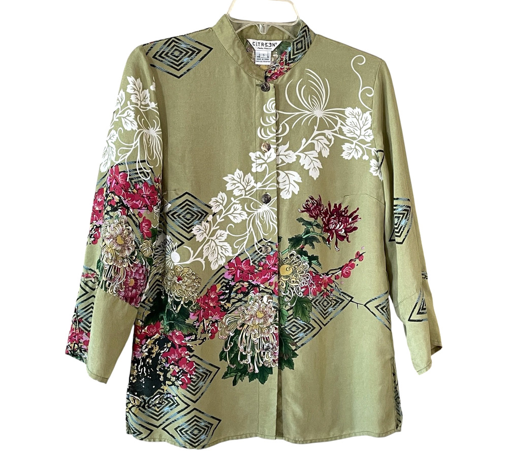 CITRON SANTA MONICA Size Small Green Silk Mandarin Button-Up Long Sleeve Tunic